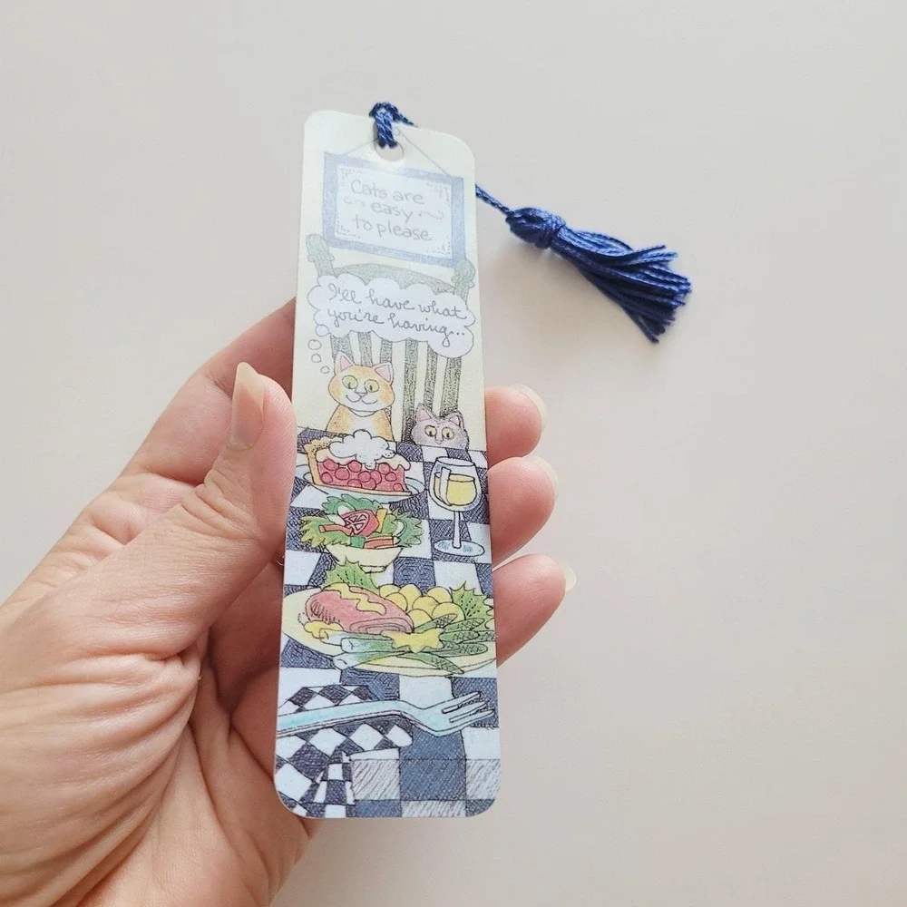 Vintage 90s Cats Easy To Please Tassel Bookmark 1992 Susan Sturgill, Antioch USA